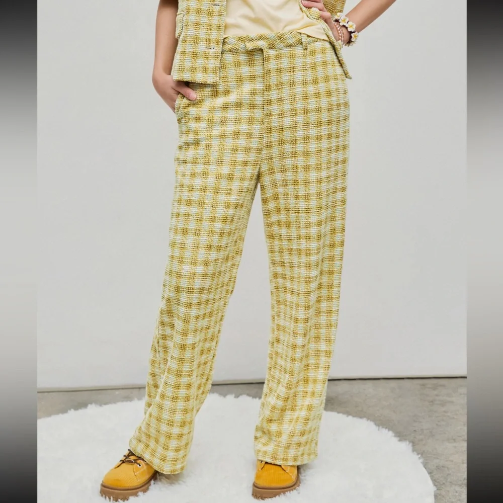 🔴 CIDER TWEED MIDDLE WAIST CHECK POCKET WOOL-BLEND STRAIGHT LEG TROUSERS